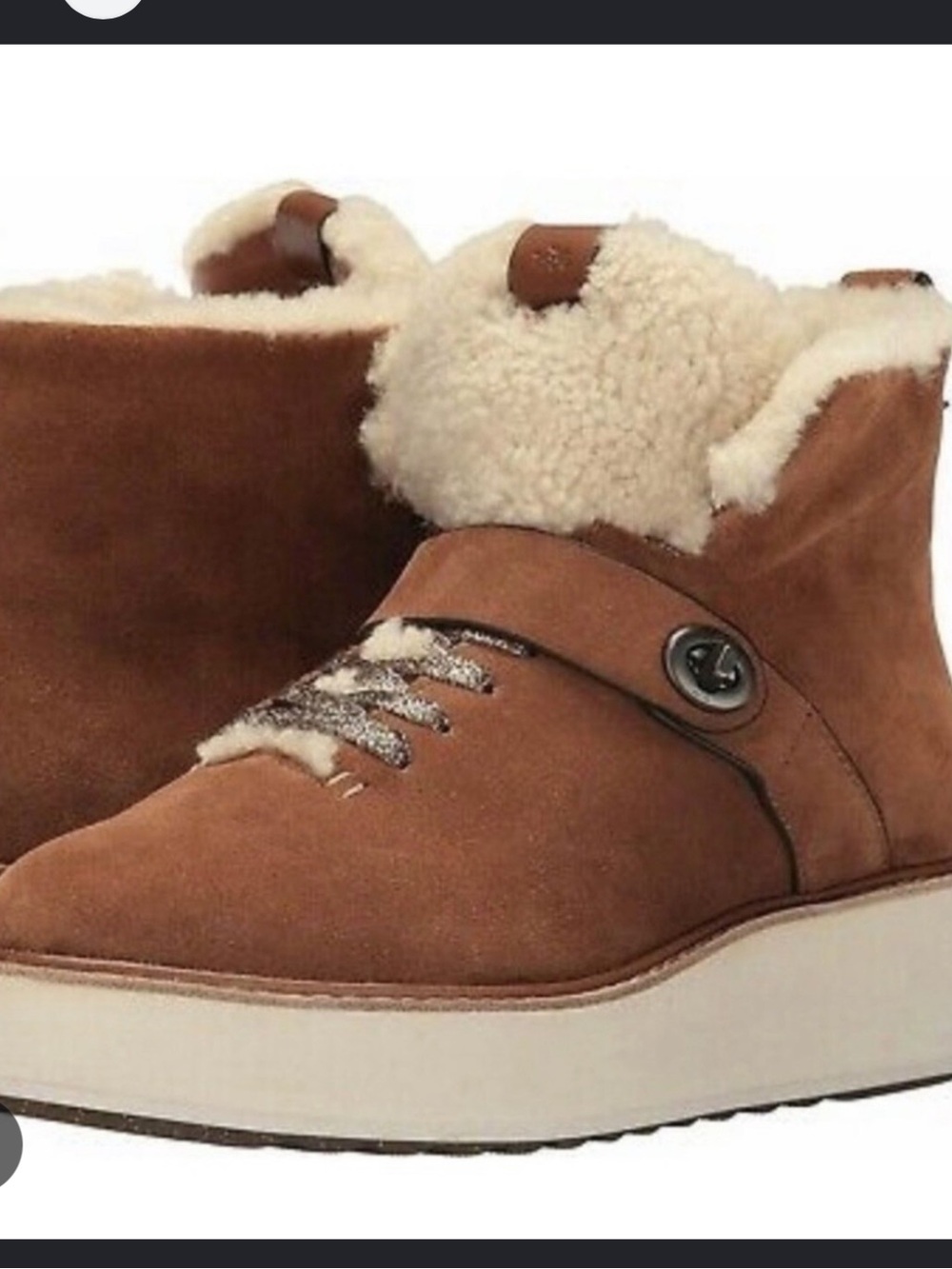 Coach Chestnut Suede Shearling Ankle Boots with Cream Cuff